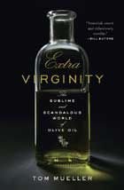 A bottle of olive oil on the front cover of Tom Mueller's book